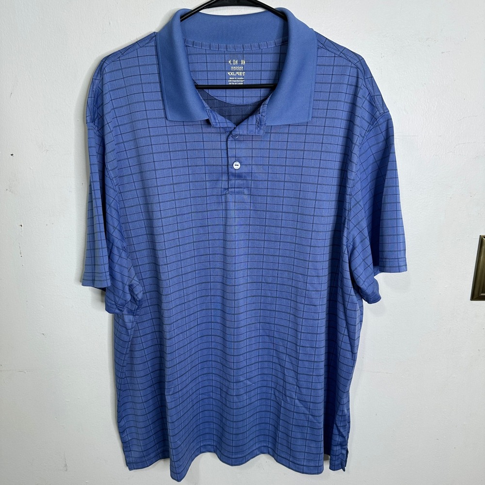 Haggar H26 Mens Blue Grid Check Performance Polo Shirt XXL Short Sleeve Golf